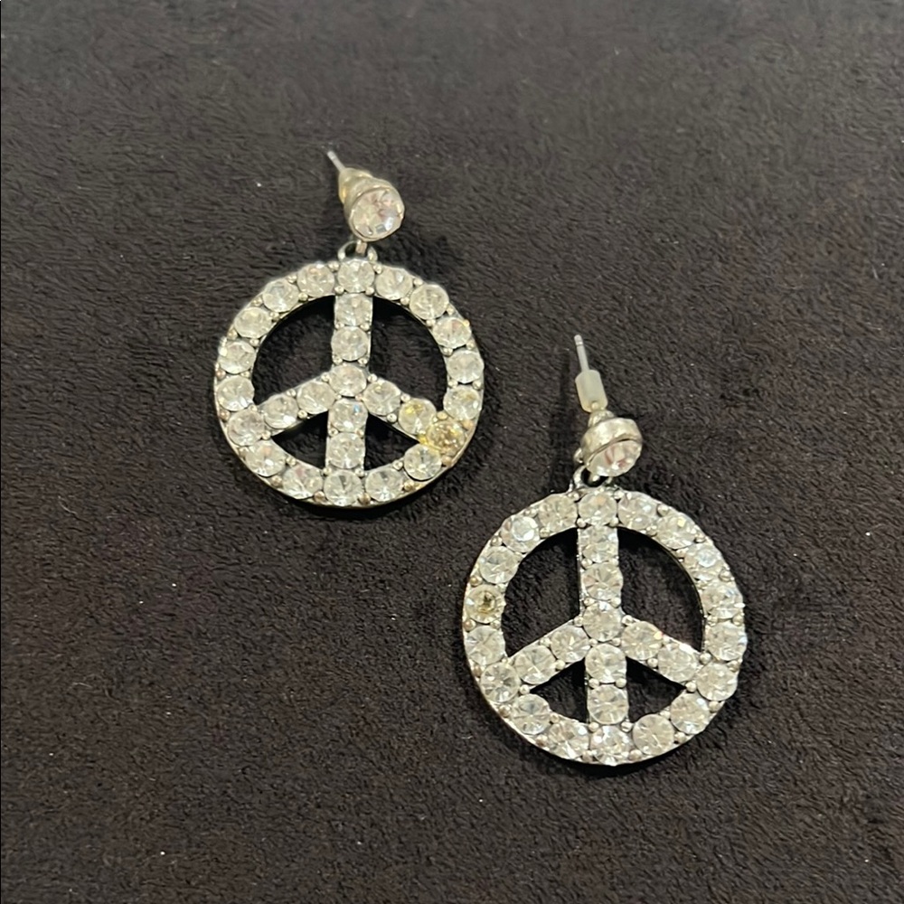 Silver Crystal Peace Out Sign Hoop Earrings Small